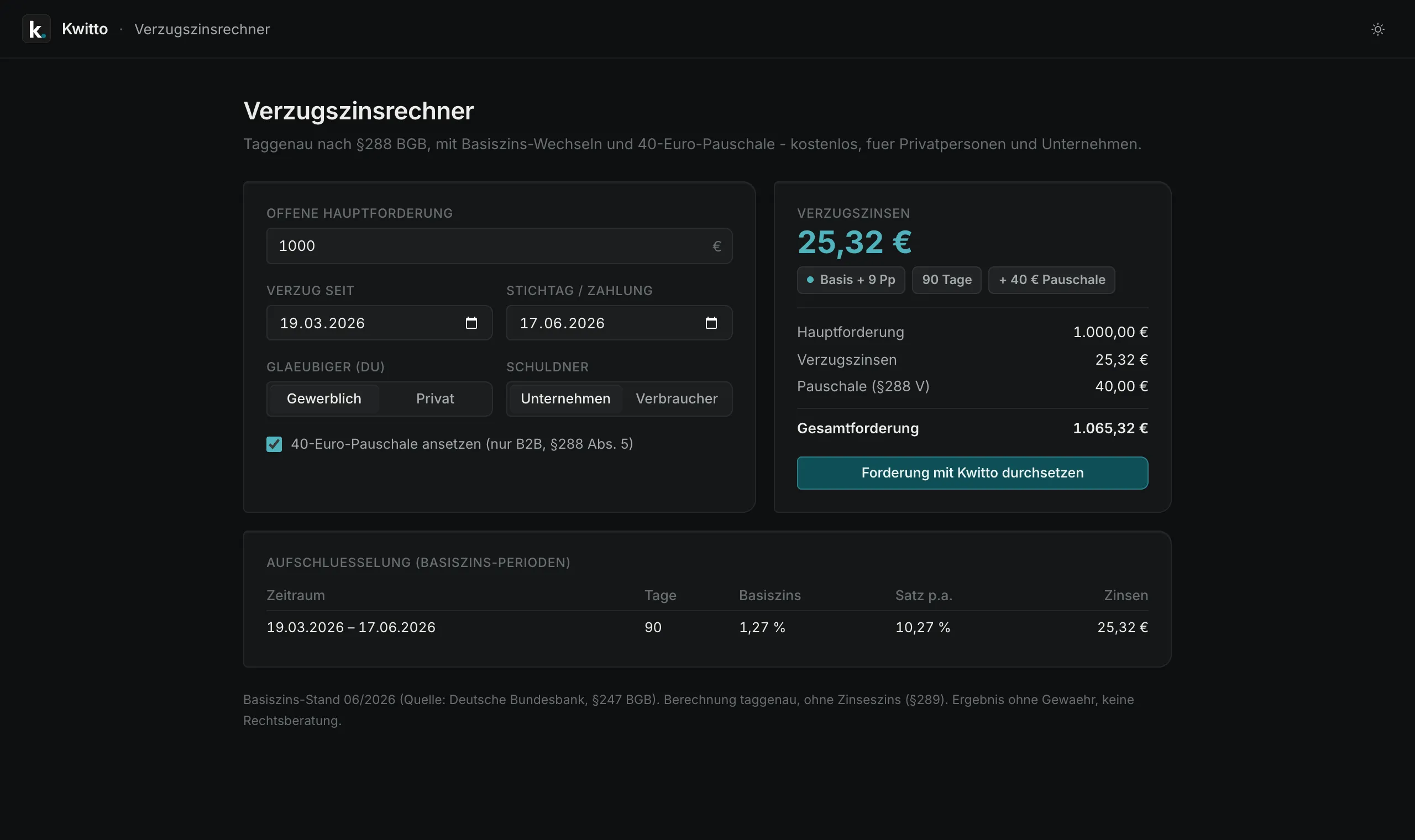 Verzugszinsrechner im Dark Mode: Eingaben und Ergebnis