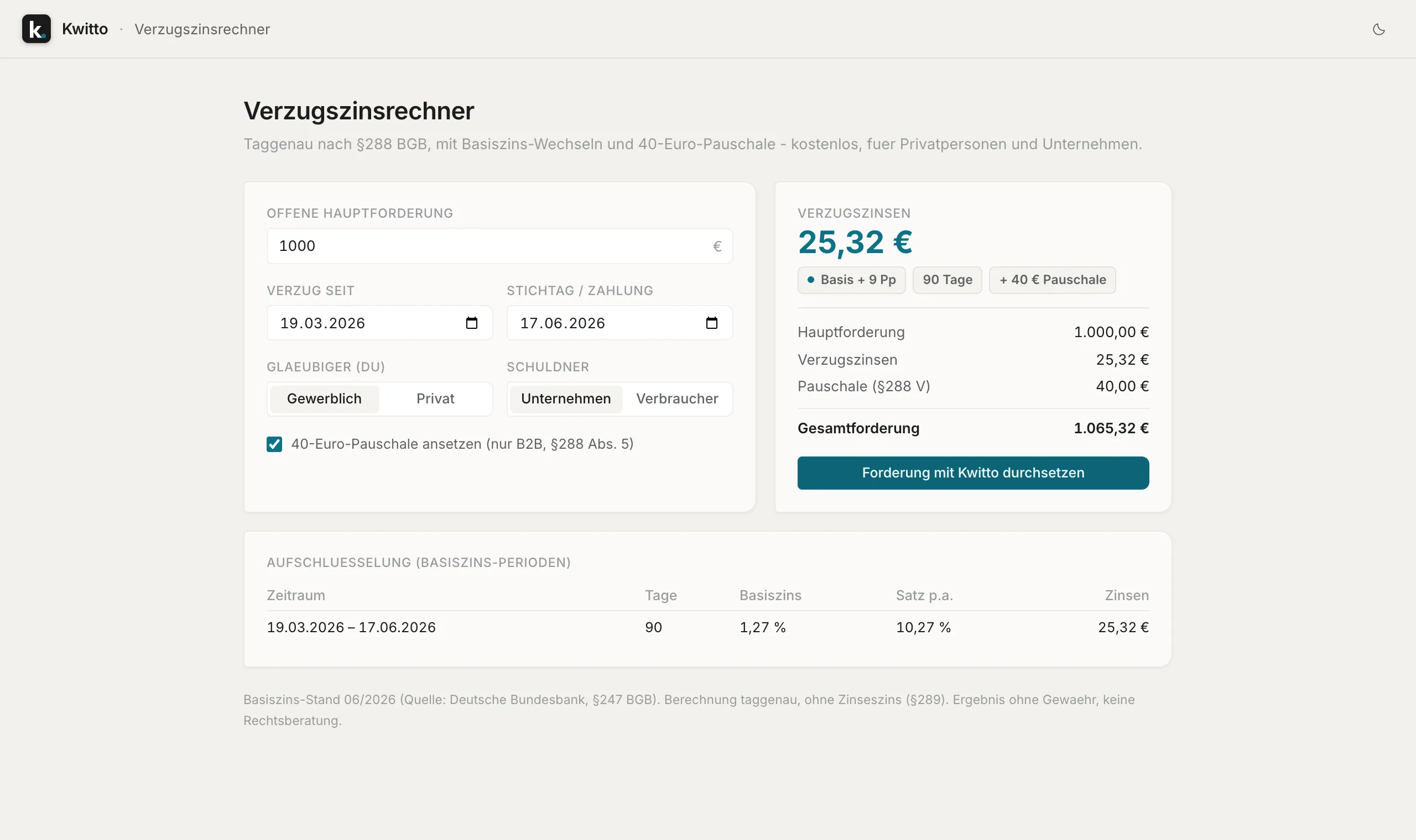 Verzugszinsrechner: Eingaben links, Ergebnis und Aufschlüsselung rechts
